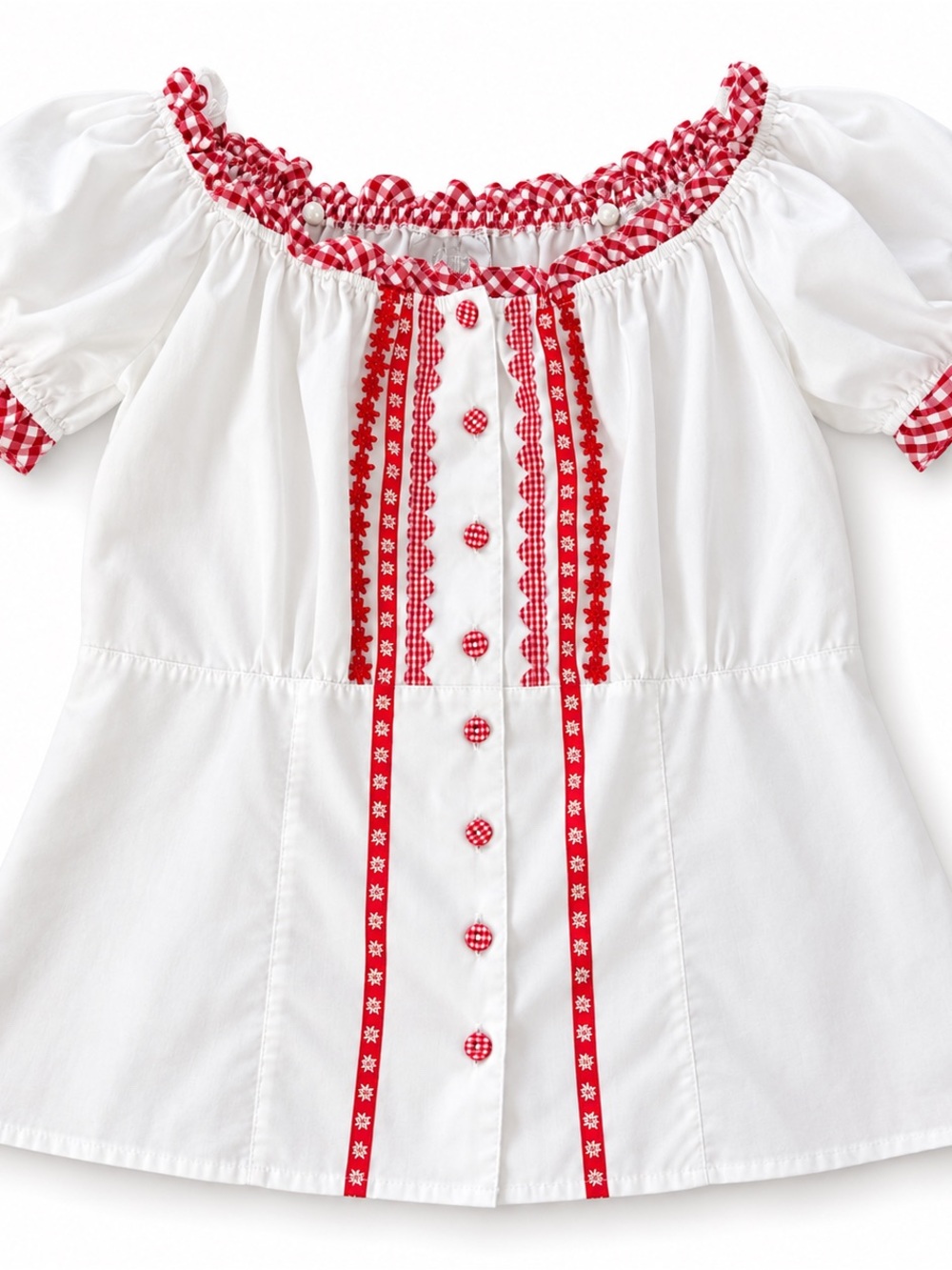 Alpin Chic Red White Gingham Peasant Blouse Puff Sleeve Size 42